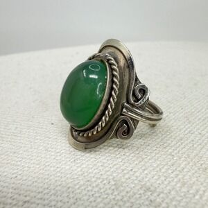 Statement Ring Green Cabochon Stone Adjustable Band Boho Silver Tone